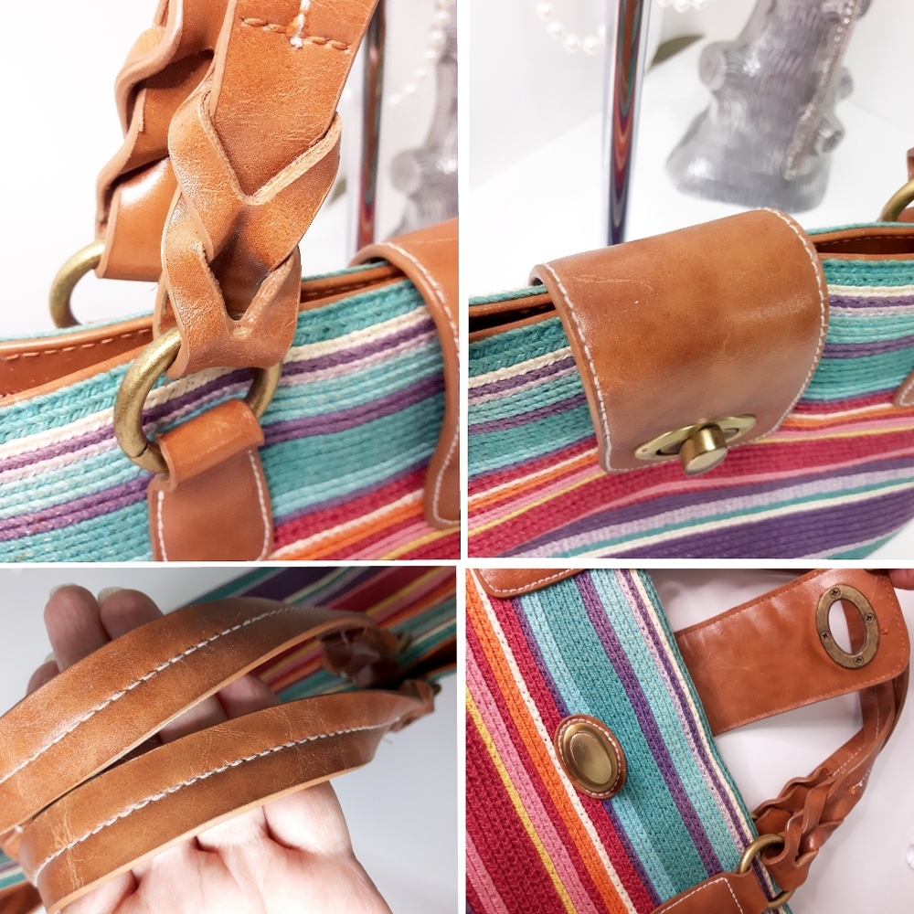 Beach Boho Woven Bag|Shoulder Tote Bag | Multicolor Stripped Cotton - Picture 6 of 12